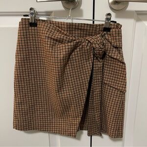 Wilfred Dorine Brown Red Check Wool A-Line Wrap Front Mini Skirt
